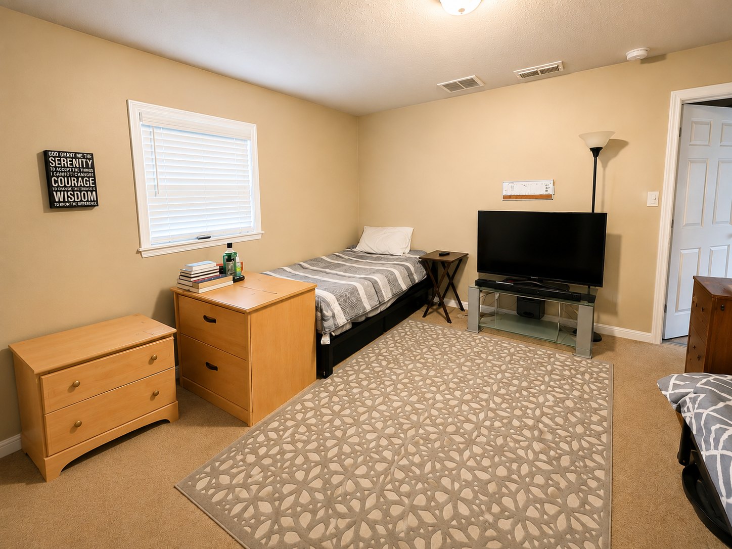 Bedroom with a single bed, television, and furnishings